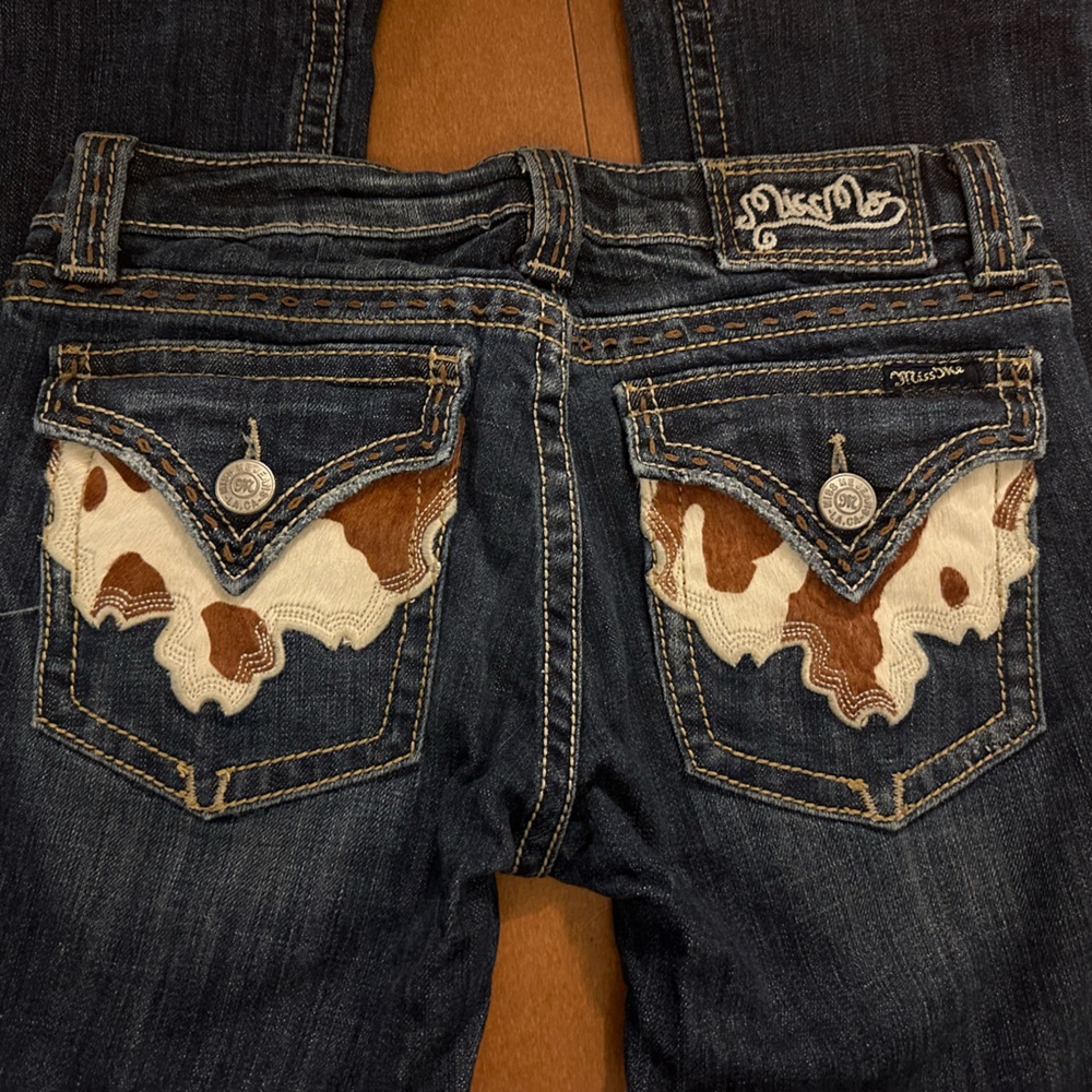 Miss Me Dark Blue Boot Cut Jeans with Brown & Cream Pocket Appliqué